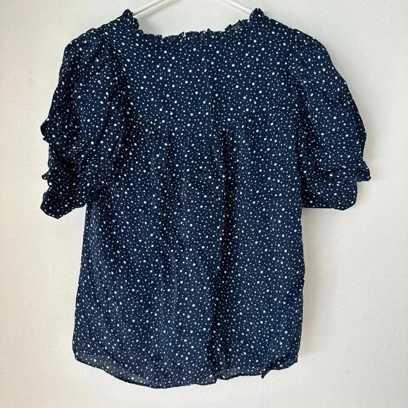 Ecru Blue Double Ruffle Sleeve V Neck‎ Polka Dot Career Top XS - Picture 3 of 6